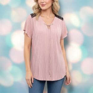 Jennie & Marlis Women’s Pink Flowy V-Neck Pleated Lace Blouse Top Size XL